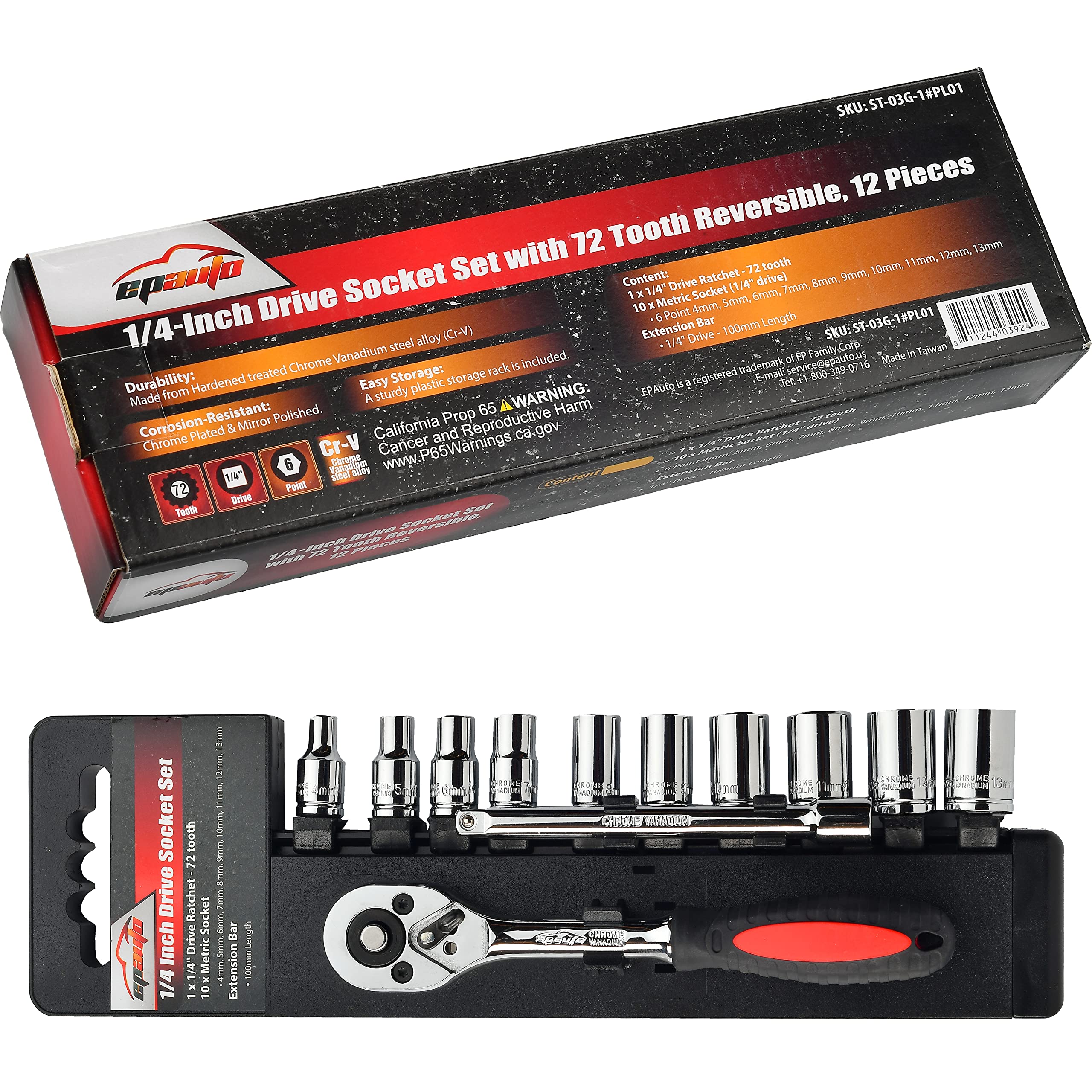EPAuto 1/4-Inch Drive Socket Set with 72 Tooth Reversible, 12 Pieces