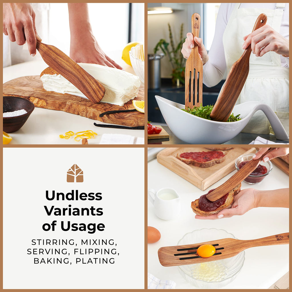Wooden Spurtle Set, Teak Spurtles Kitchen Tools, Wooden Spatula for Cooking, Wood Utensils Set of 5, Non Stick Cookware for Serving, Stirring, Mixing, Scraping, Scooping, Healthy and Heat Resistant
