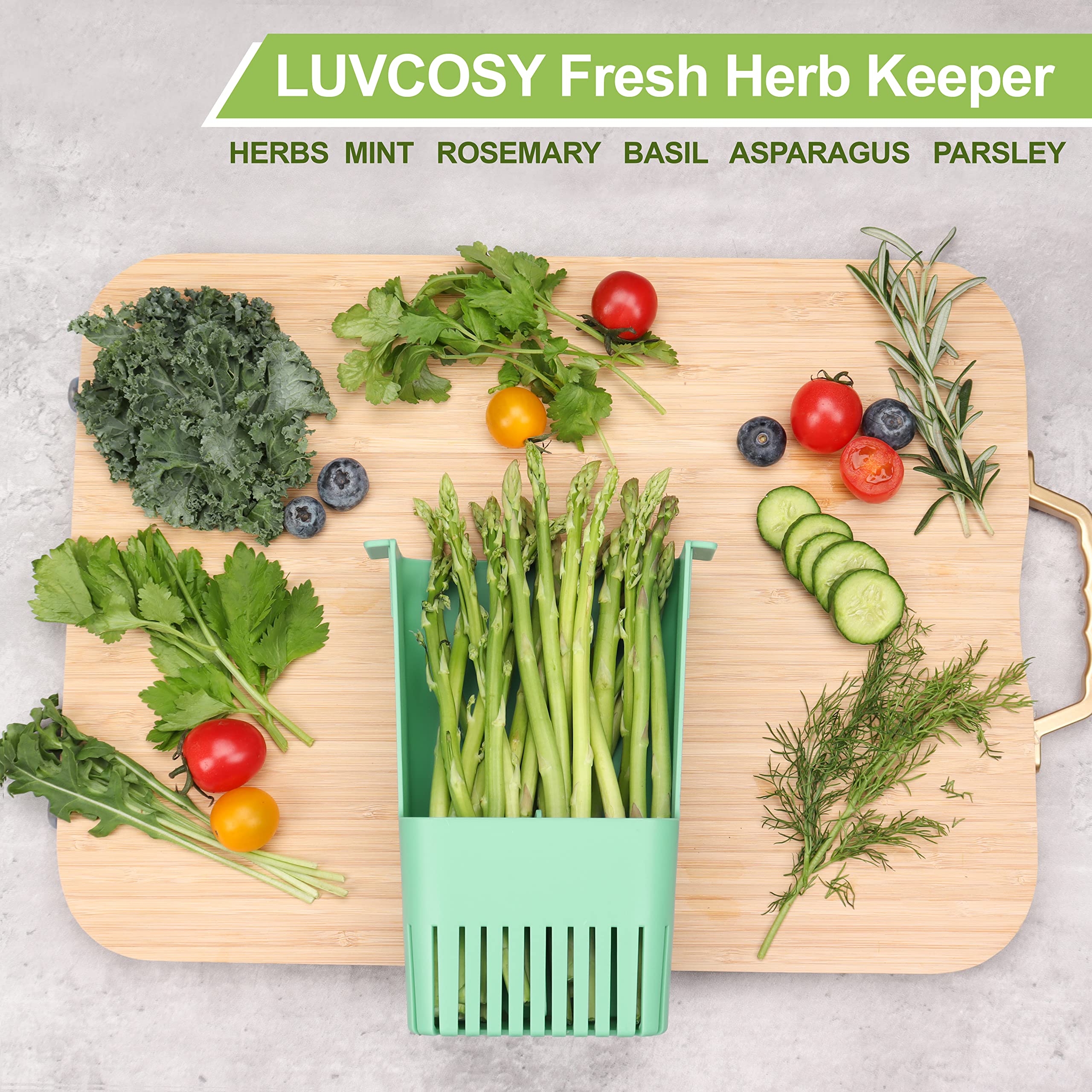 LUVCOSY 2 Pack Herb Keeper, BPA-Free Plastic Herb Saver with Inner Basket, Storage Container for Cilantro, Mint, Parsley, and Asparagus, Keeps Food Fresh for 3 Times Longer (Green & Blue)
