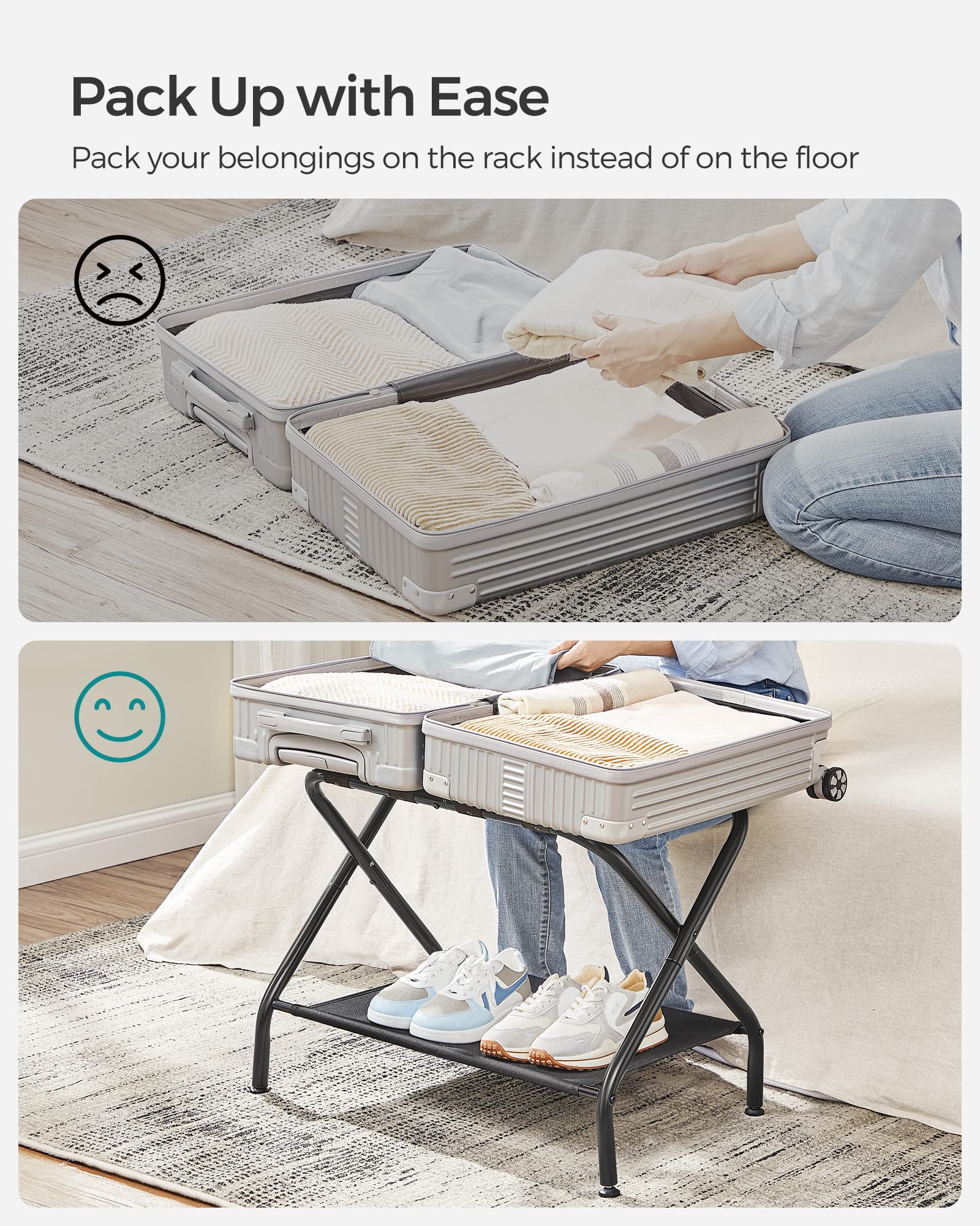 SONGMICS Luggage Rack, Suitcase Stand with Fabric Storage Shelf, for Guest Room, Bedroom, Hotel, Foldable, Holds up to 50 kg, 69 x 38 x 52 cm, Black URLR002B01V1