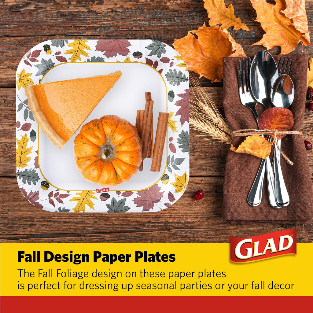Glad Everyday Square Disposable Paper Plates with Falling Foliage Design | Cut-Resistant, Microwavable Paper Plates for All Foods & Daily Use | 10 Inches, 50 Count