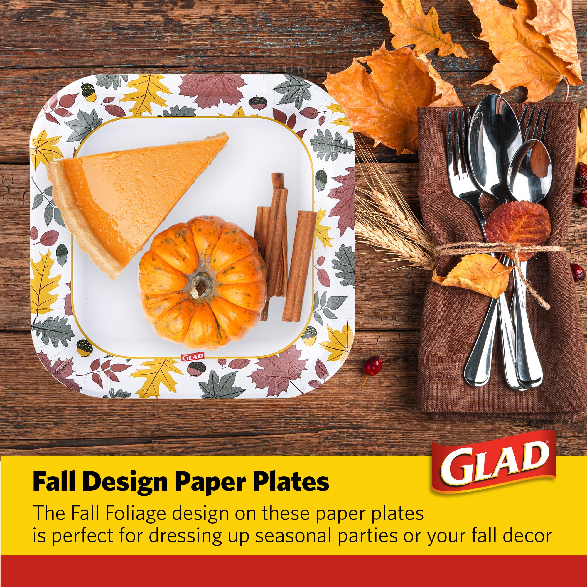 Glad Everyday Square Disposable Paper Plates with Falling Foliage Design | Cut-Resistant, Microwavable Paper Plates for All Foods & Daily Use | 10 Inches, 50 Count