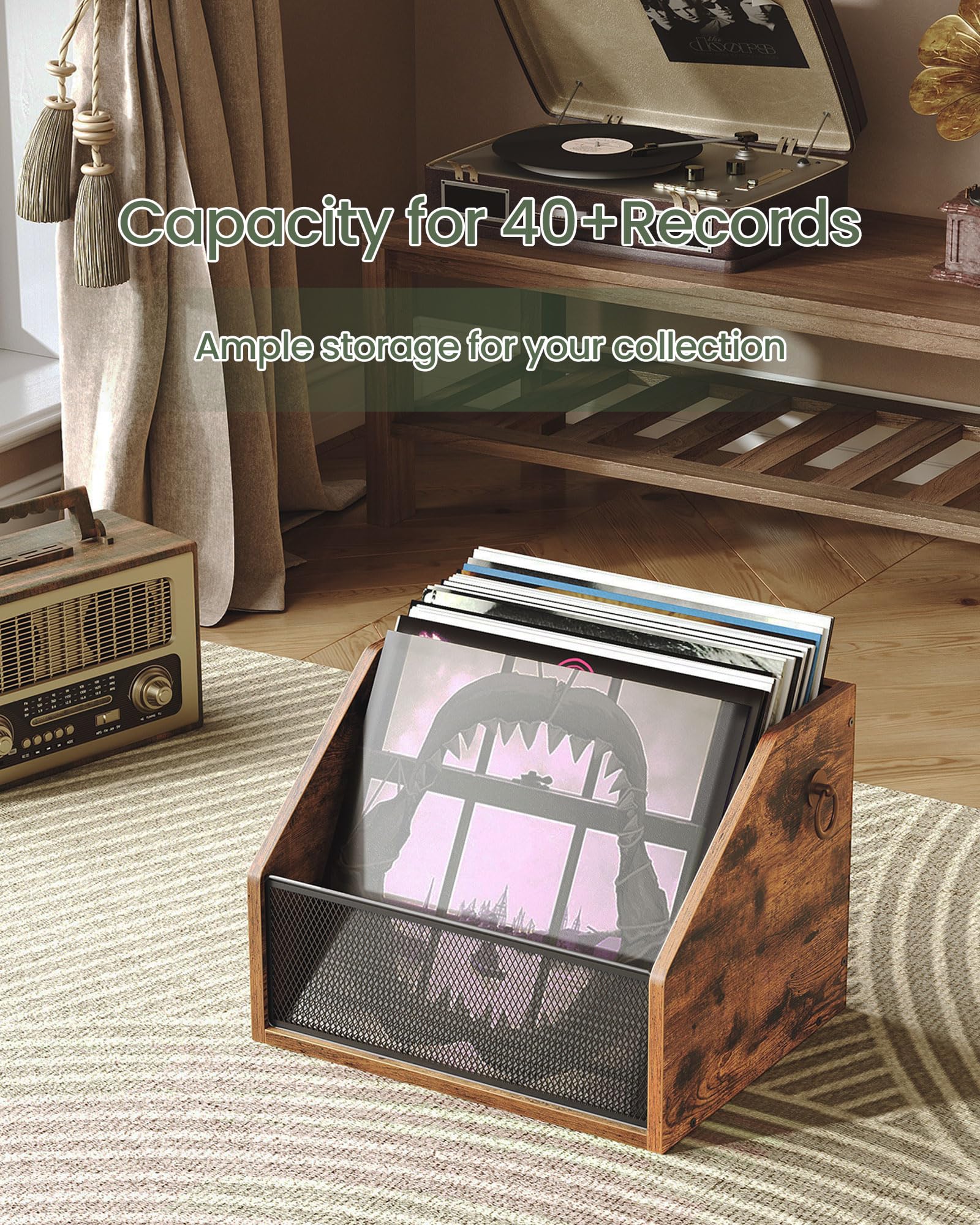 CHOEZON Vinyl Record Storage Wall Mount, Vintage Record Display Holder, Vinyl Album Crate, LP Display Shelf, Metal Mesh Front and Pull Rings for LP, Photo Albums, Files, Rustic Brown MCW28BF