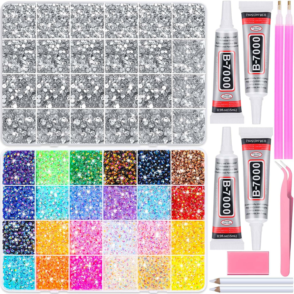 40000Pcs Resin Rhinestones with B7000 Jewelry Glue for Crafting, Rainbow Bedazzling Crystals Flat Back Gems with Craft Adhesive for DIY Graduation Cap Clothes Tumblers Shoes Nails and Face