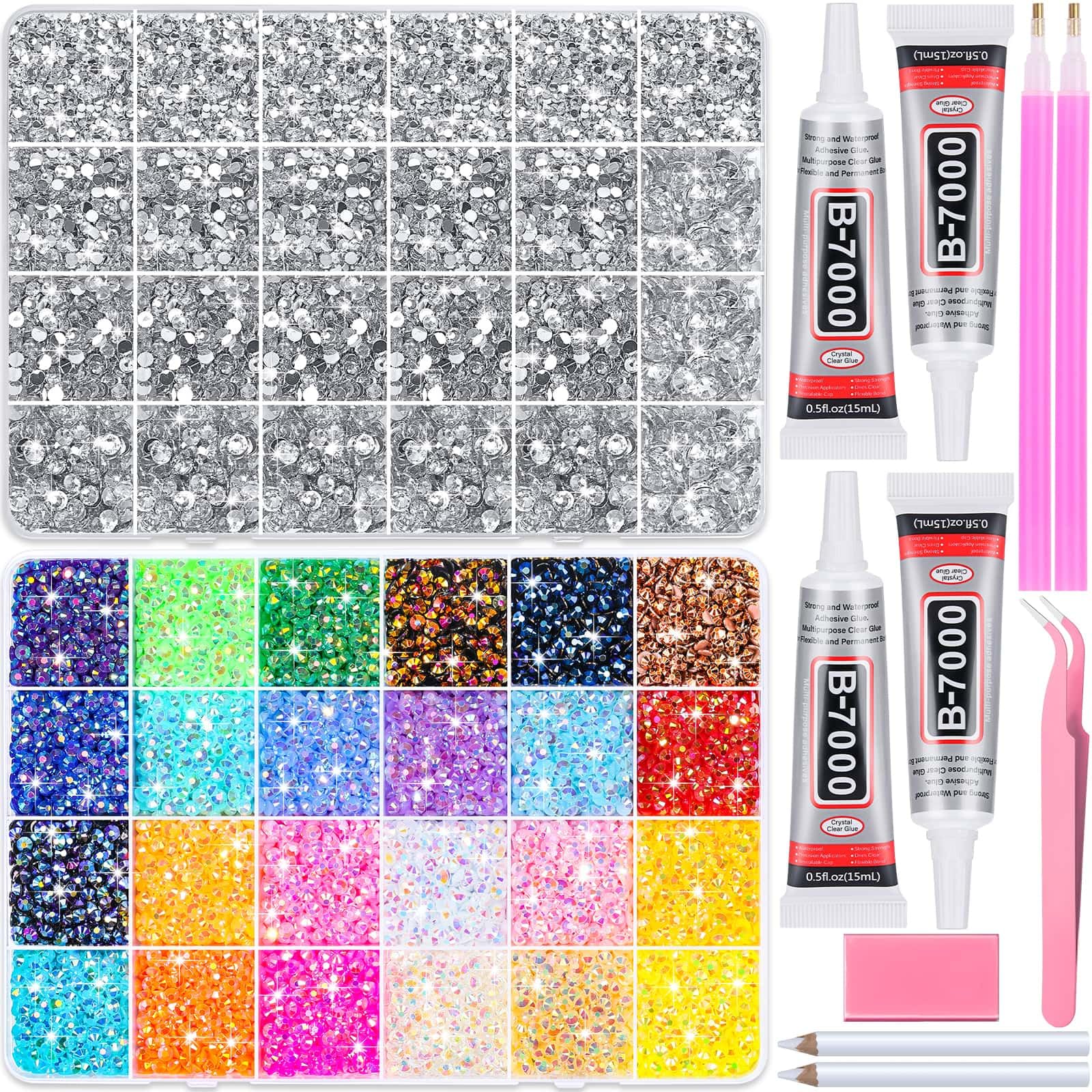 40000Pcs Resin Rhinestones with B7000 Jewelry Glue for Crafting, Rainbow Bedazzling Crystals Flat Back Gems with Craft Adhesive for DIY Graduation Cap Clothes Tumblers Shoes Nails and Face