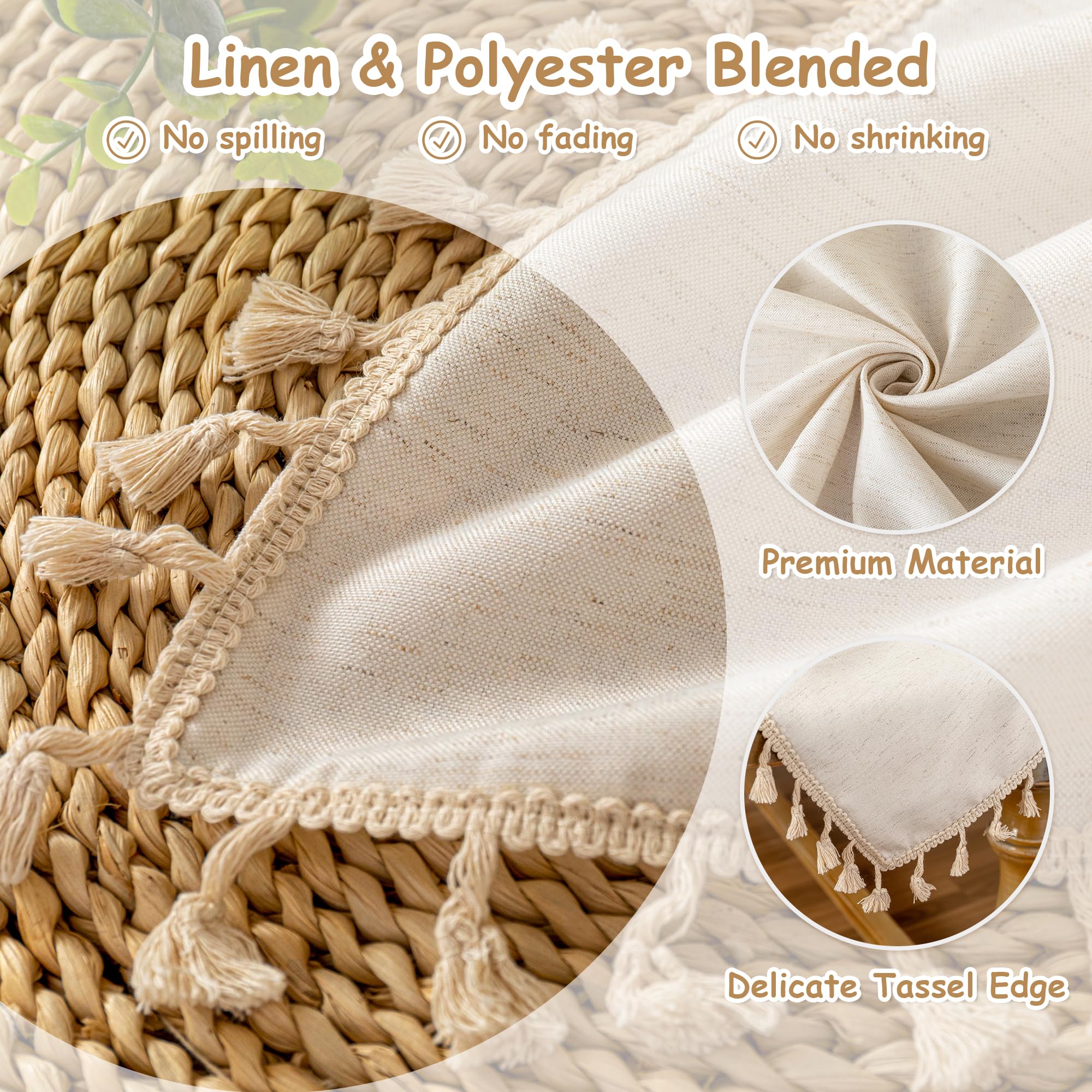 MYSKY HOME Faux Linen Table Cloth Nappe Table Rectangulaire 60x84 Inch, Boho Tablecloth Dustproof Table Cover for Kitchen Party Holiday Christmas Wedding Banquet, Beige with Beige Tassels
