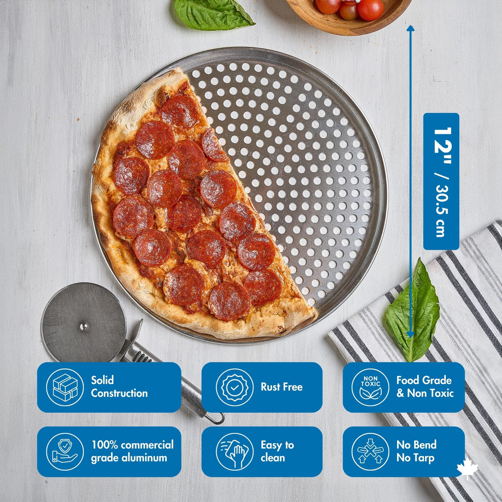 Norjac 12 Inch Pizza Pan with Holes, 2 Pack, Round Aluminum Pans for Oven, Rust-Free, Heavy-Duty, Perforated Baking Tray for Crispy Crust, Made in Canada