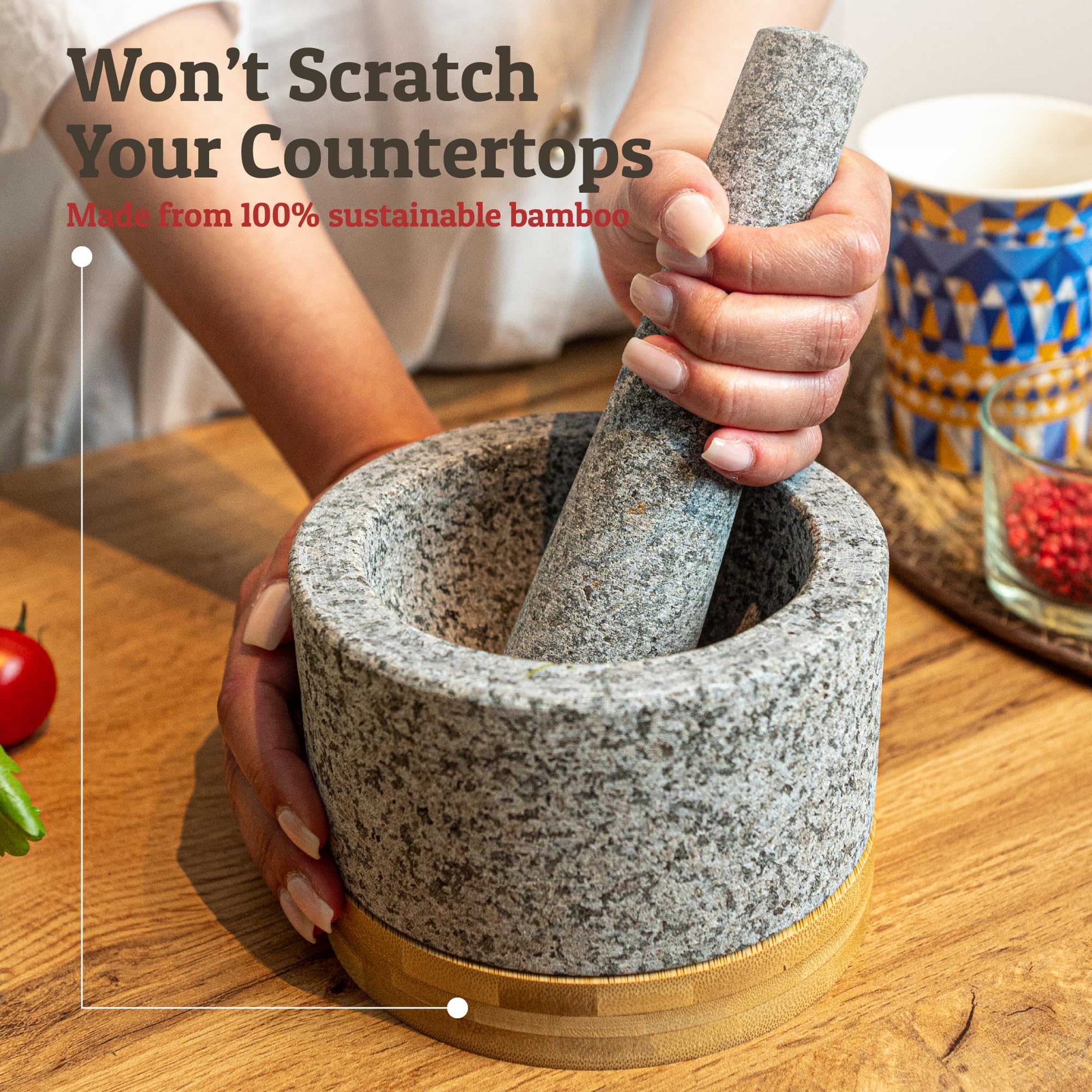 Heavy Duty Mortar and Pestle Set with Bamboo Base, Large 2 Cups, 100% Natural Granite Mortar and Pestle Large Stone Grinder Bowl, Molcajete Bowl, Masher Guacamole Bowls, Unpolished Grey