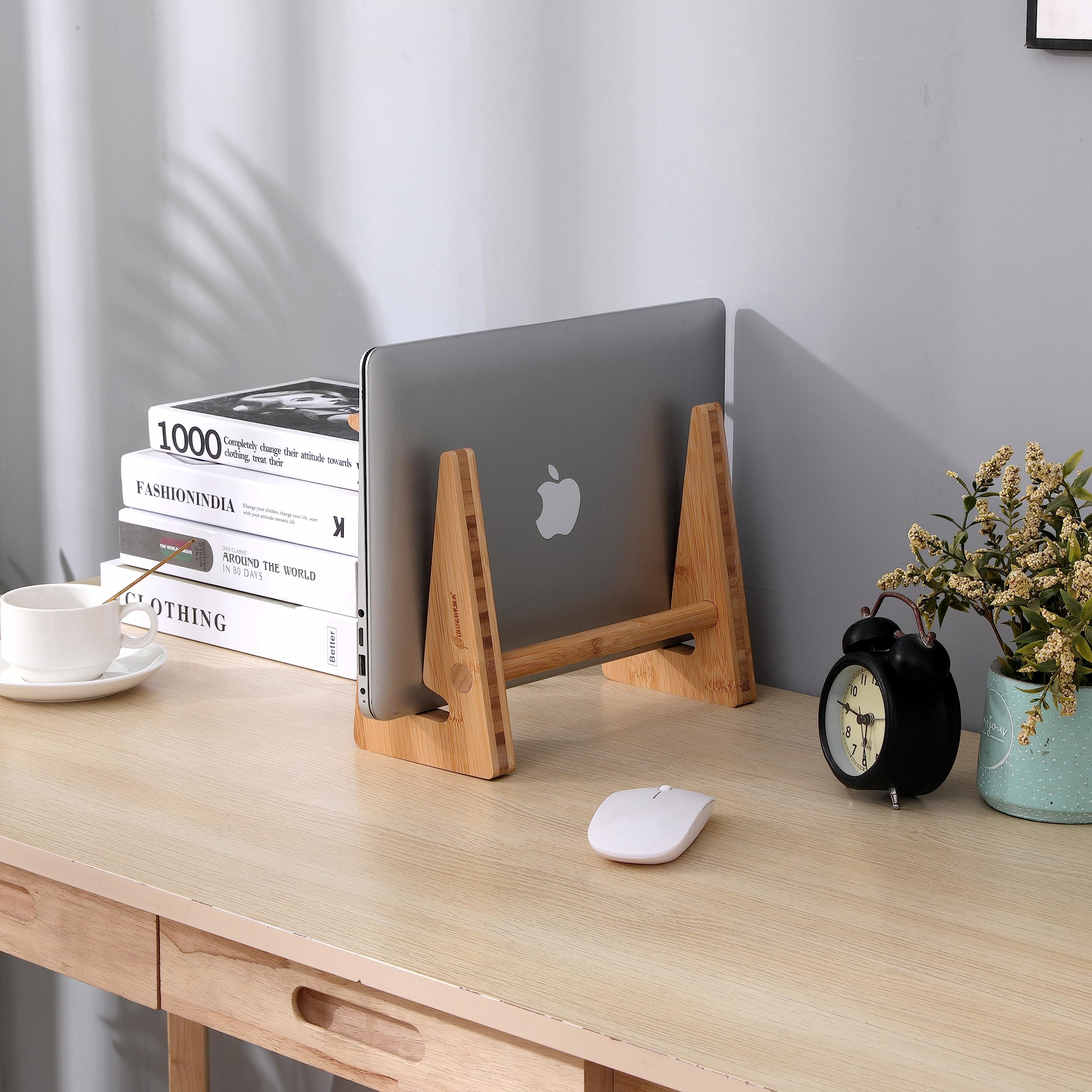 Nuvograin Wooden Vertical Laptop Stand for Desk, Bamboo Laptop Holder Compatible with MacBook Air Pro/Dell XPS/Surface Pro/HP/Pixelbook/Lenovo, More 13-15.6 Inch Laptops