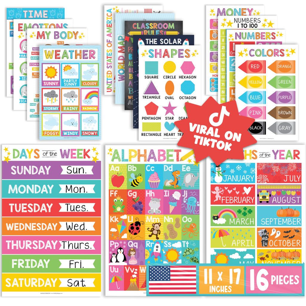 Hadley Designs 16 Educational Posters for Classroom & Kindergarten, Kindergarten Classroom Must Haves, Laminated PreK Learning Chart Materials US & World Map, ABC Alphabet, Shapes, Days of the Week