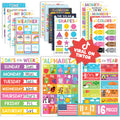 Hadley Designs 16 Educational Posters for Classroom & Kindergarten, Kindergarten Classroom Must Haves, Laminated PreK Learning Chart Materials US & World Map, ABC Alphabet, Shapes, Days of the Week