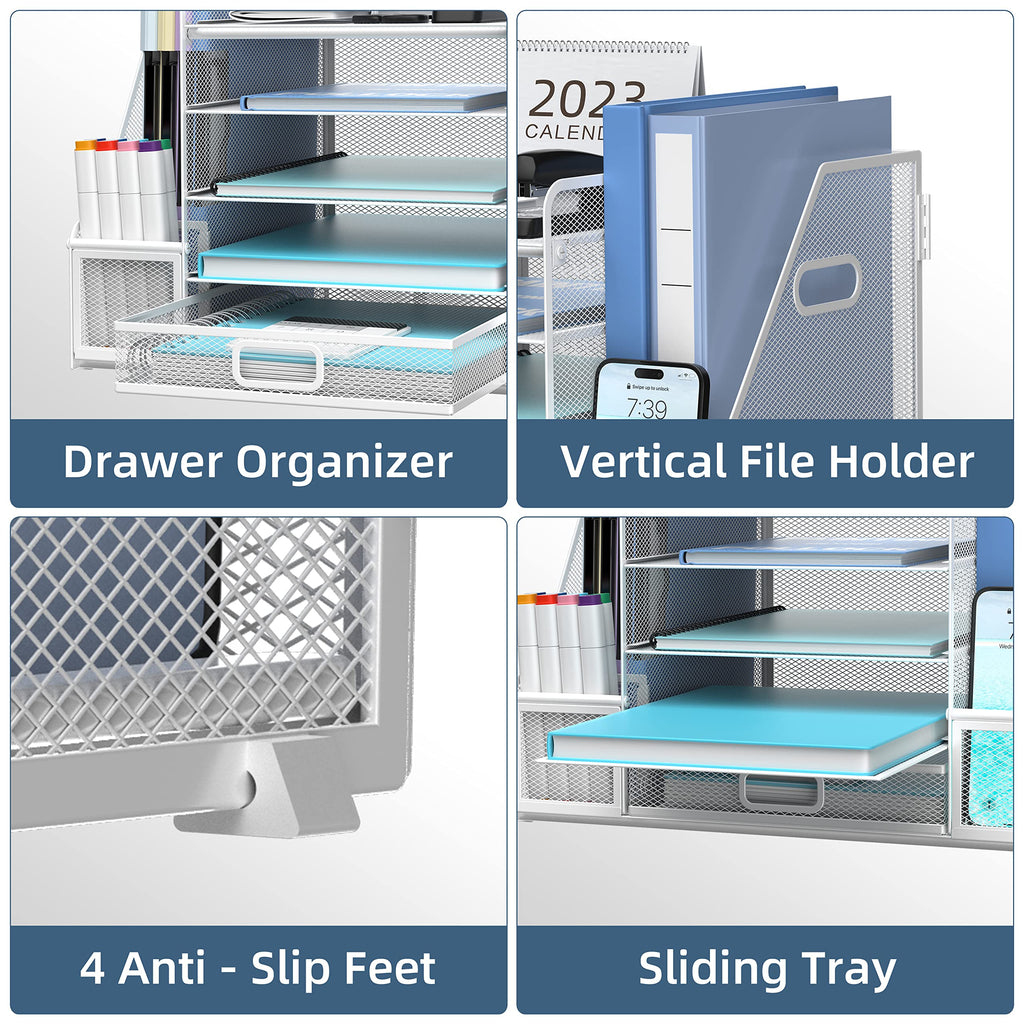 SUPEASY Mesh Desk Organizer with File Holder 5-Tier Paper Letter Tray Organizer with Magazine Holder Desktop Organizer and Storage with Upright Sections for Office Supplies Home or School (White)