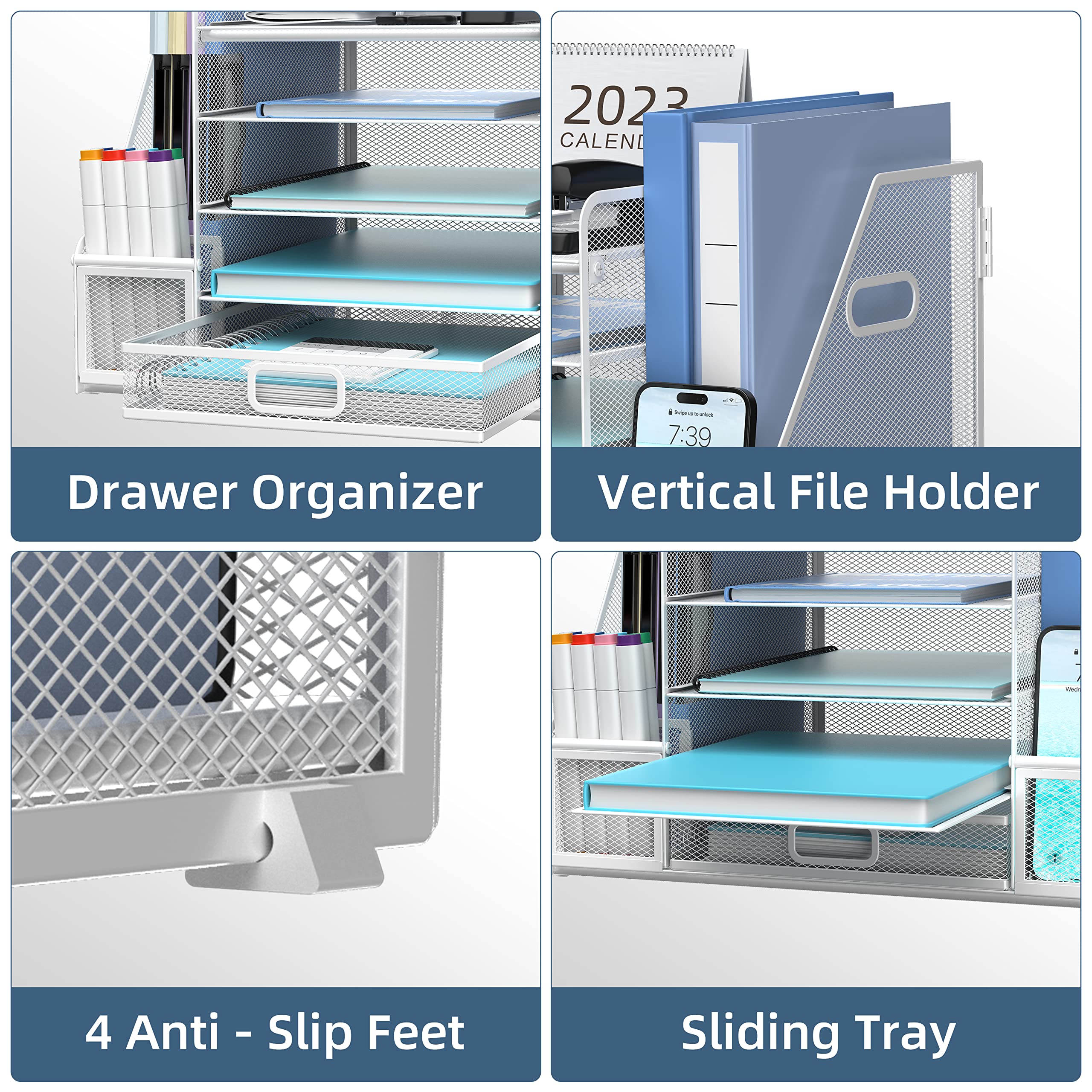 SUPEASY Mesh Desk Organizer with File Holder 5-Tier Paper Letter Tray Organizer with Magazine Holder Desktop Organizer and Storage with Upright Sections for Office Supplies Home or School (White)