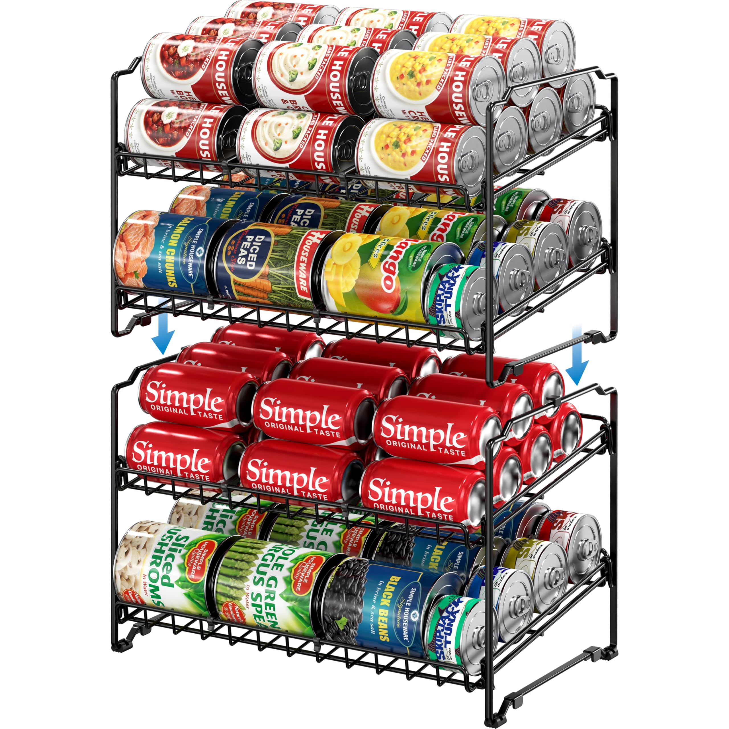 Simple Houseware 2 Tier Stackable Can Rack Organizer for Pantry Storage, 2 Pack, Black