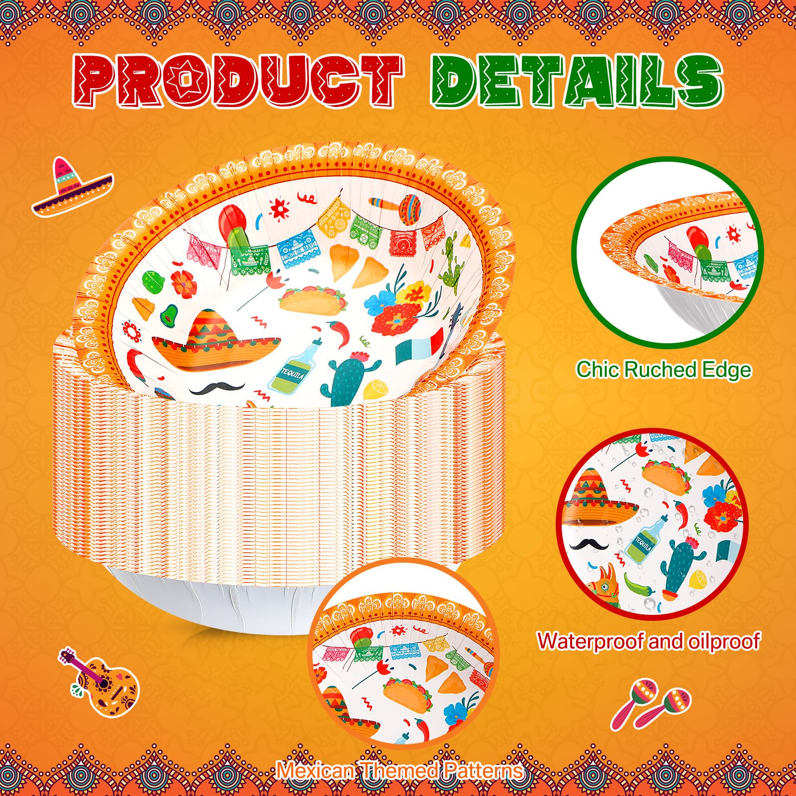 Skybooly 50 Pcs 16 oz Fiesta Bowls Disposable Mexican Party Serving Paper Bowls 7 Inch Cinco De Mayo Heavy Duty Paper Plates for Soup Salad Ramen Birthday Party Decorations