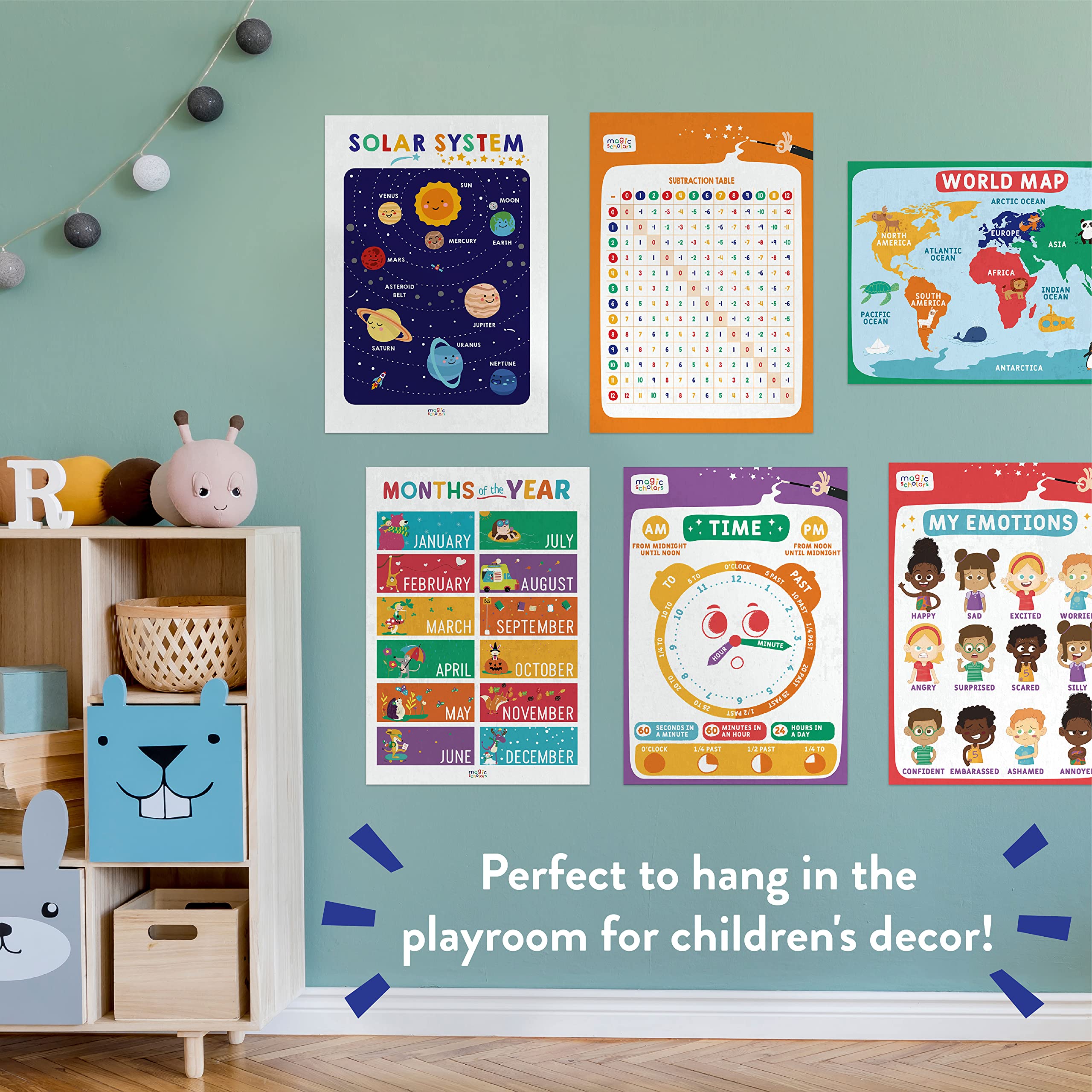 Magic Scholars Educational Posters, 18 Bundle Pack, Classroom Decor for Kids, abc Learning for Toddlers, Kindergarten, Pre School, Homeschool Supplies, Alphabet Chart, Days of the Week