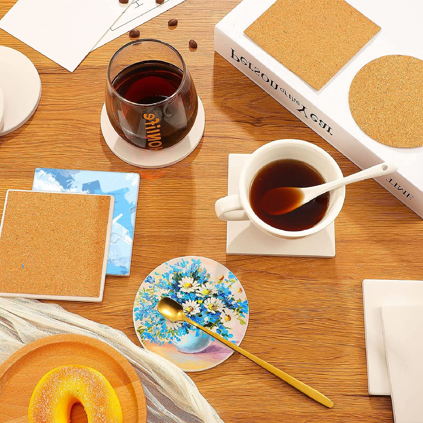 12 Pcs Ceramic Tile for Crafts Coasters, 4 Inch Blank Coasters Unglazed Ceramic White Tiles with 12 Pack Cork Backing Pads, Square Drink Cup Mat for DIY Arts Painting Craft Project Coasters