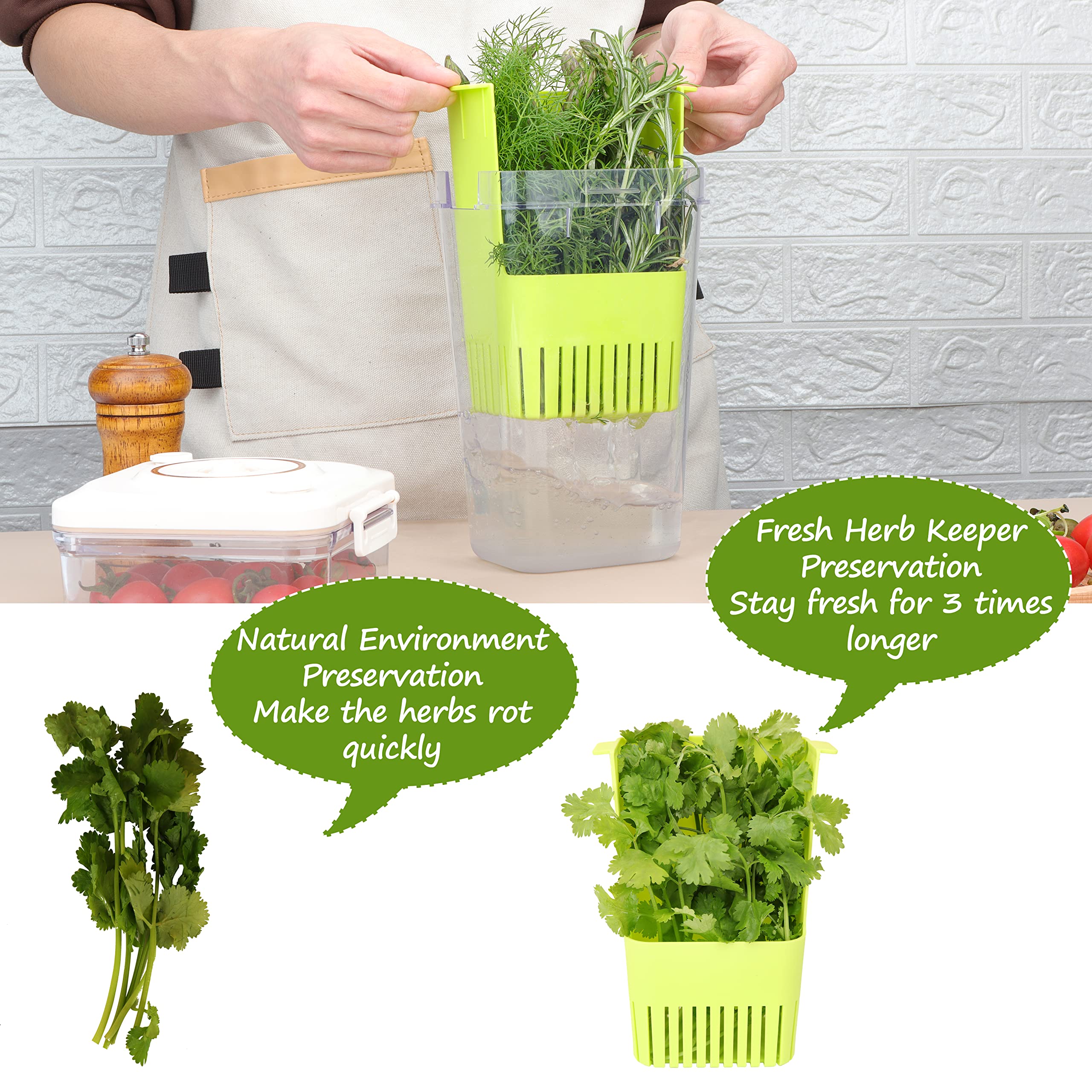 LAWNFUL 2 Pack Fresh Herb Keeper for Refrigerator, Clear Herb Saver, Storage Container for Cilantro, Parsley, Thyme, Mint & Asparagus, Preserver Keeps Fresh Herbs for 3 Times Longer, Green & Blue