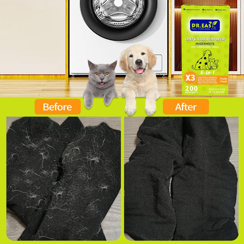 Dr.Easy LINT & HAIR REMOVER Pet HUGESHEETS with 3X ODOR REMOVE Dryer Sheets, Fruits Fresh, 200 Count,PLANT&MINERAL-BASED FORMULA