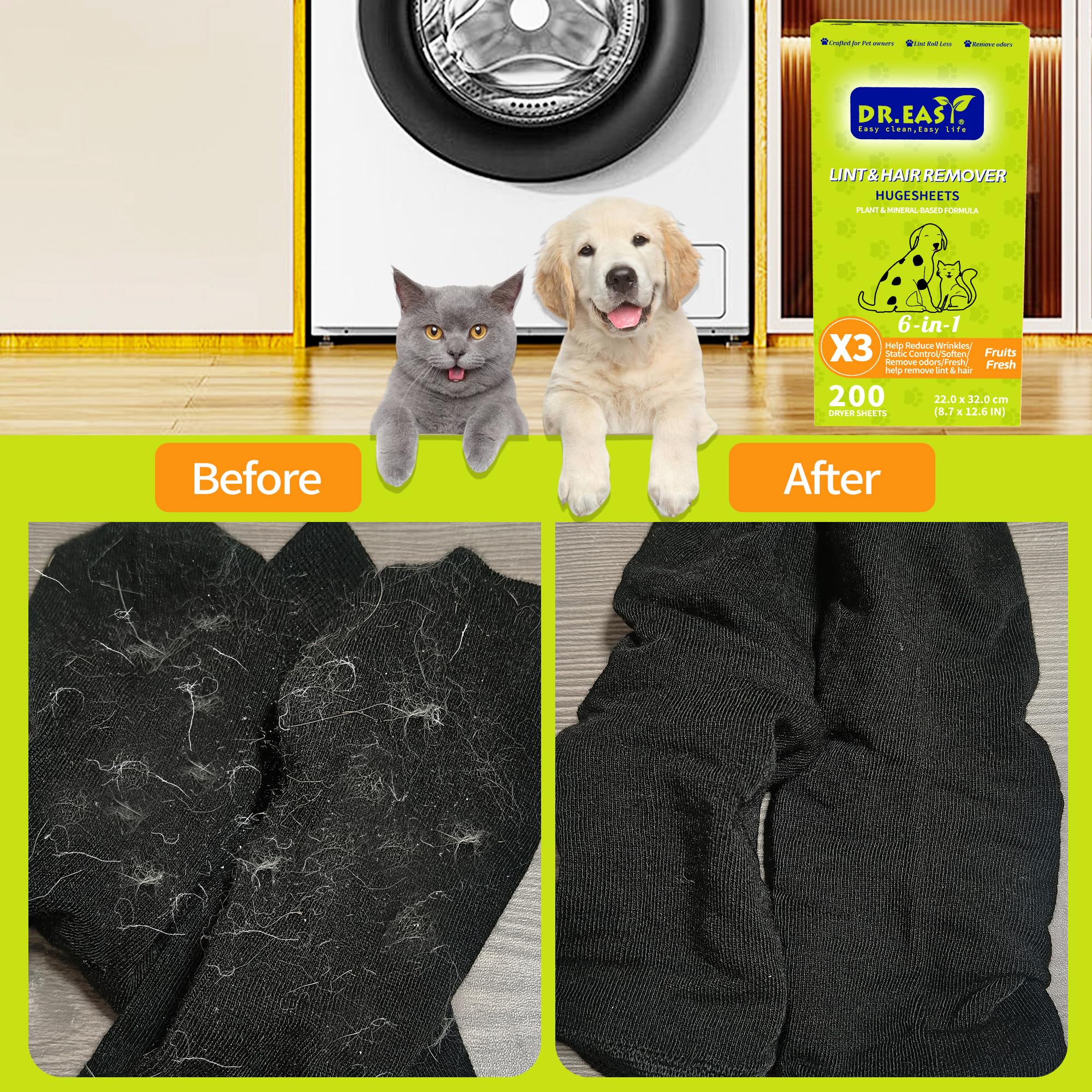 Dr.Easy LINT & HAIR REMOVER Pet HUGESHEETS with 3X ODOR REMOVE Dryer Sheets, Fruits Fresh, 200 Count,PLANT&MINERAL-BASED FORMULA