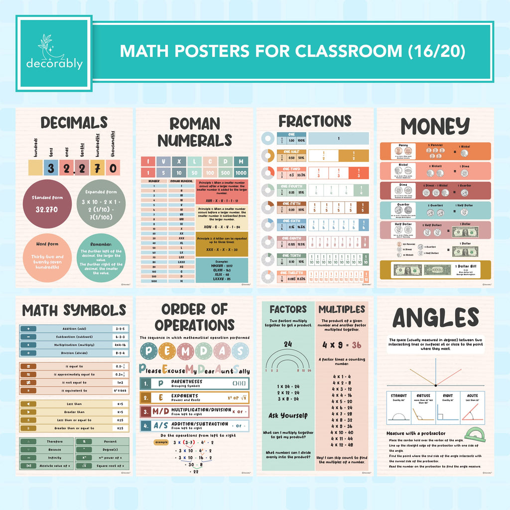 Decorably 20 Boho Math Posters for Classroom, 11x17in Matte-Laminated Educational Math Charts for Kids - Classroom, Bulletin Boards, Homeschool