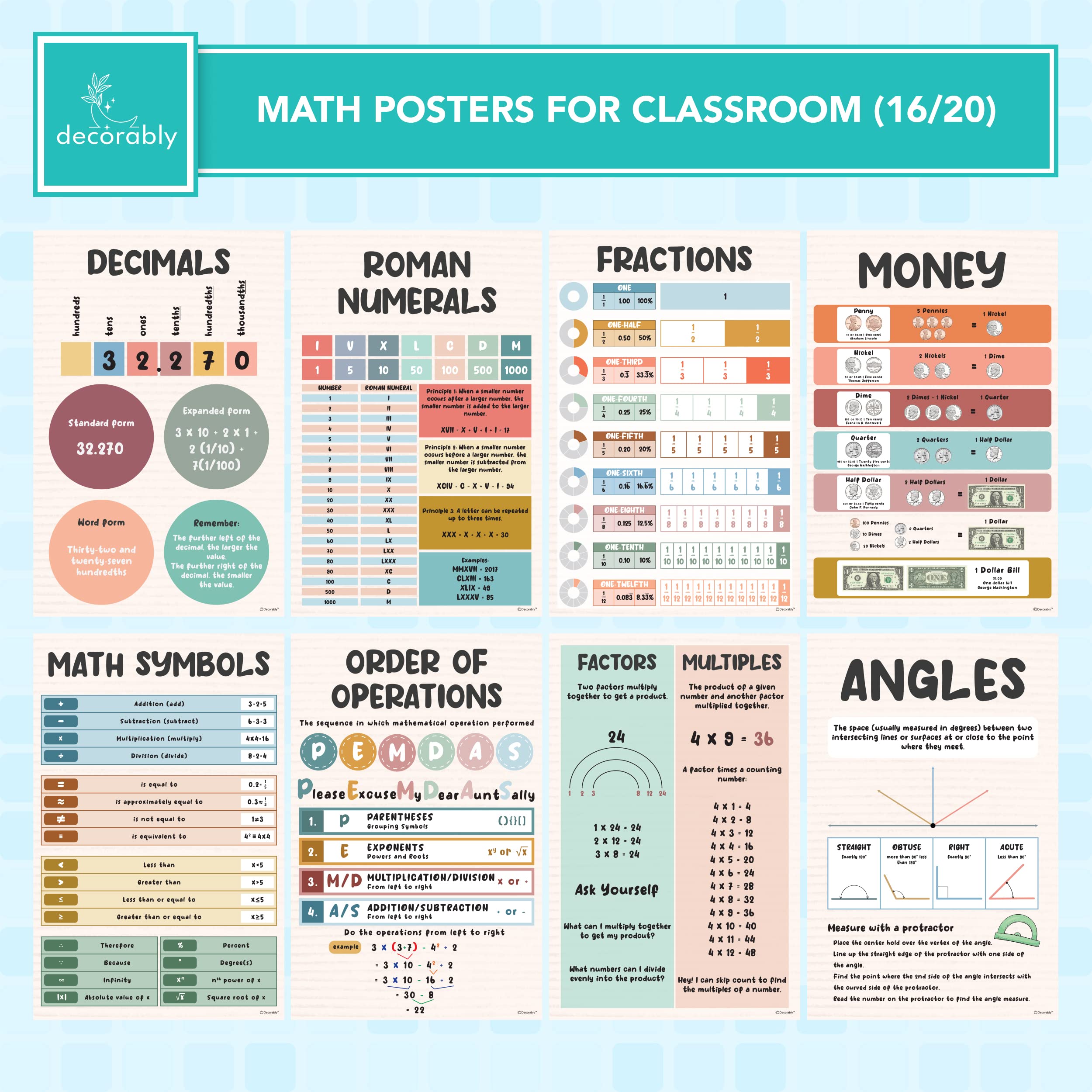 Decorably 20 Boho Math Posters for Classroom, 11x17in Matte-Laminated Educational Math Charts for Kids - Classroom, Bulletin Boards, Homeschool
