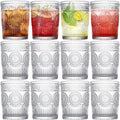 Vintage Drinking Glasses Set of 12, Textured Clear Striped Glass Cups, 10oz Ribbed Glassware Set, Tall Water Glass Tumblers, Mojito Cups, Cocktail Glass, Iced Coffee Cup, Bar Glassware