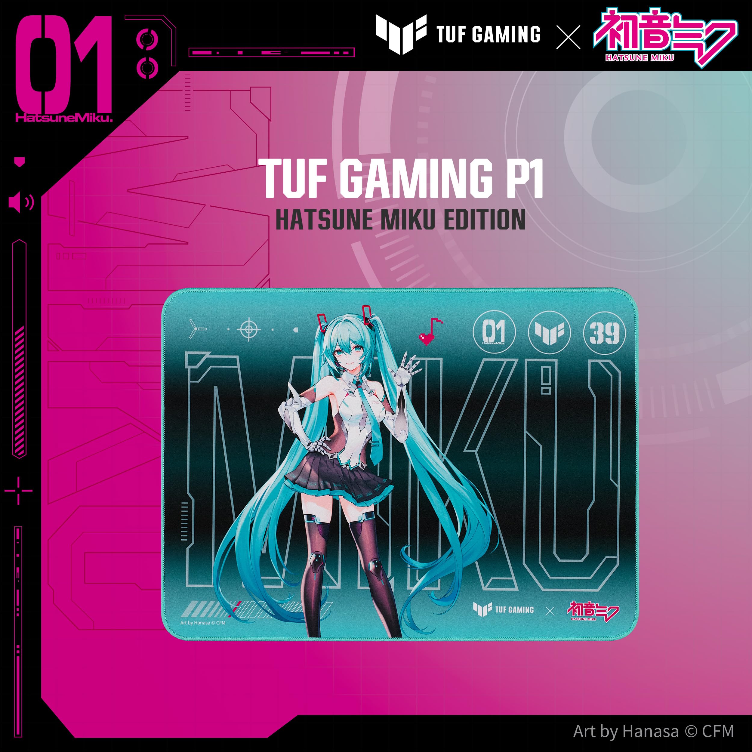 ASUS TUF Gaming P1 Hatsune Miku Edition Portable Gaming Mouse Pad – 10” x 8” (Medium Size), Aqua, Protective Coating, Water-Resistant Surface, Durable Anti-Fray Stitching, Non-Slip Rubber Base