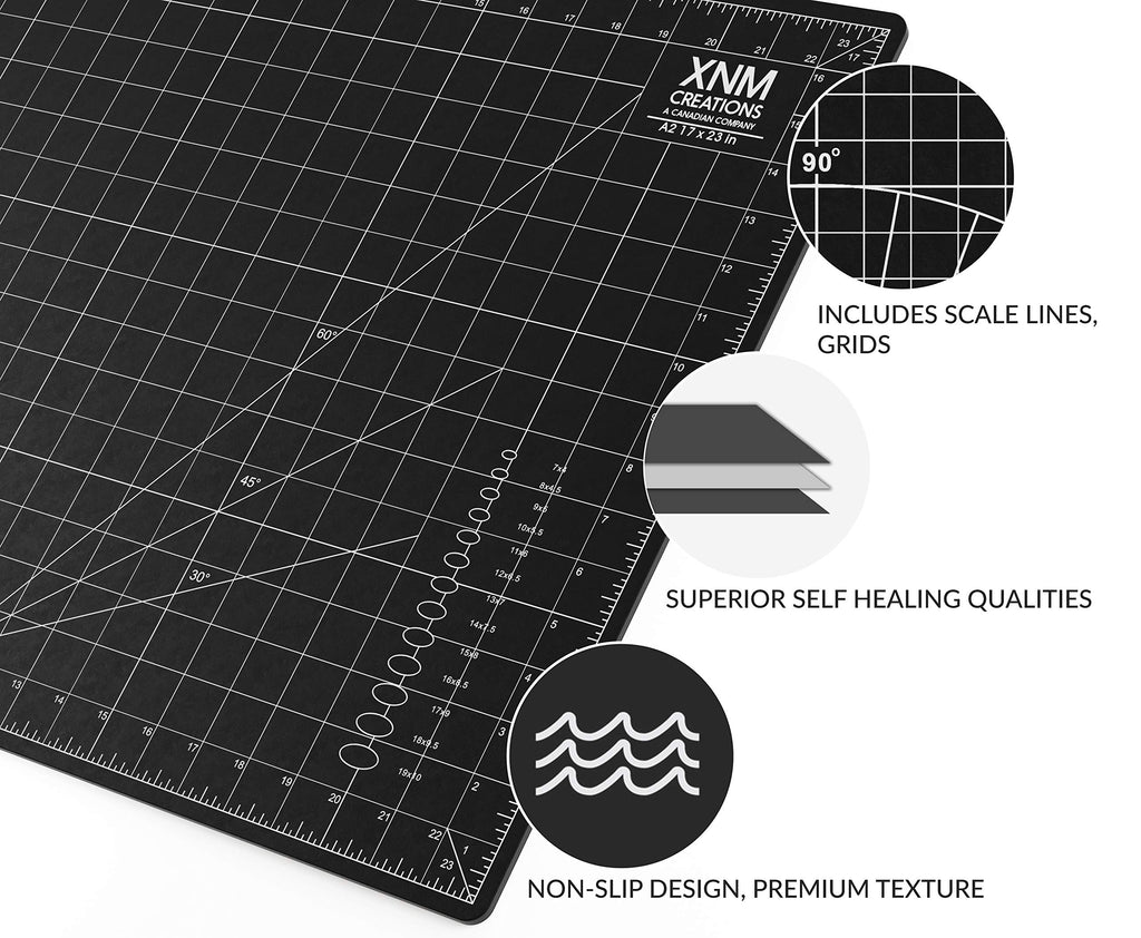 XNM Premium Self Healing Cutting Mat - 18 Inches by 24 inches - A2-3 Layer Quality PVC Construction - Dual Sided, Imperial and Metric Grid Lines - Perfect for Cutting, Sewing, and Crafts