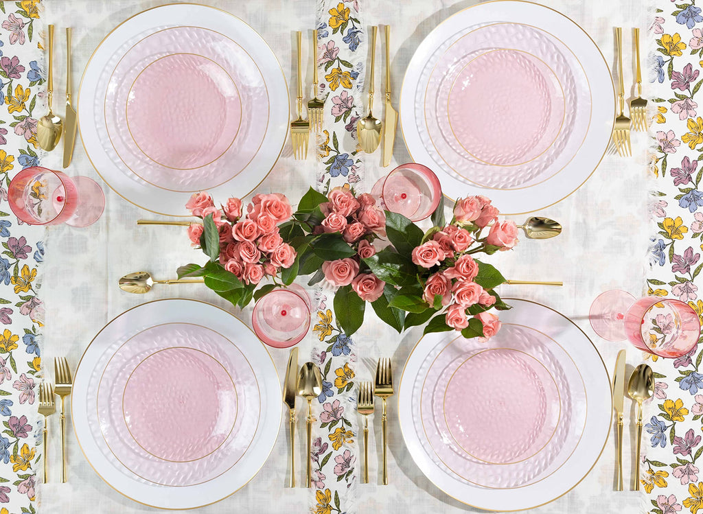 PLASTICPRO 32 Piece Combo Plates Set includes 16-7'' inch Plate & 16-10'' inch Plates Pink Hammered Plastic Party Plate Premium heavyweight Elegant, Disposable, Tableware, Dishes,