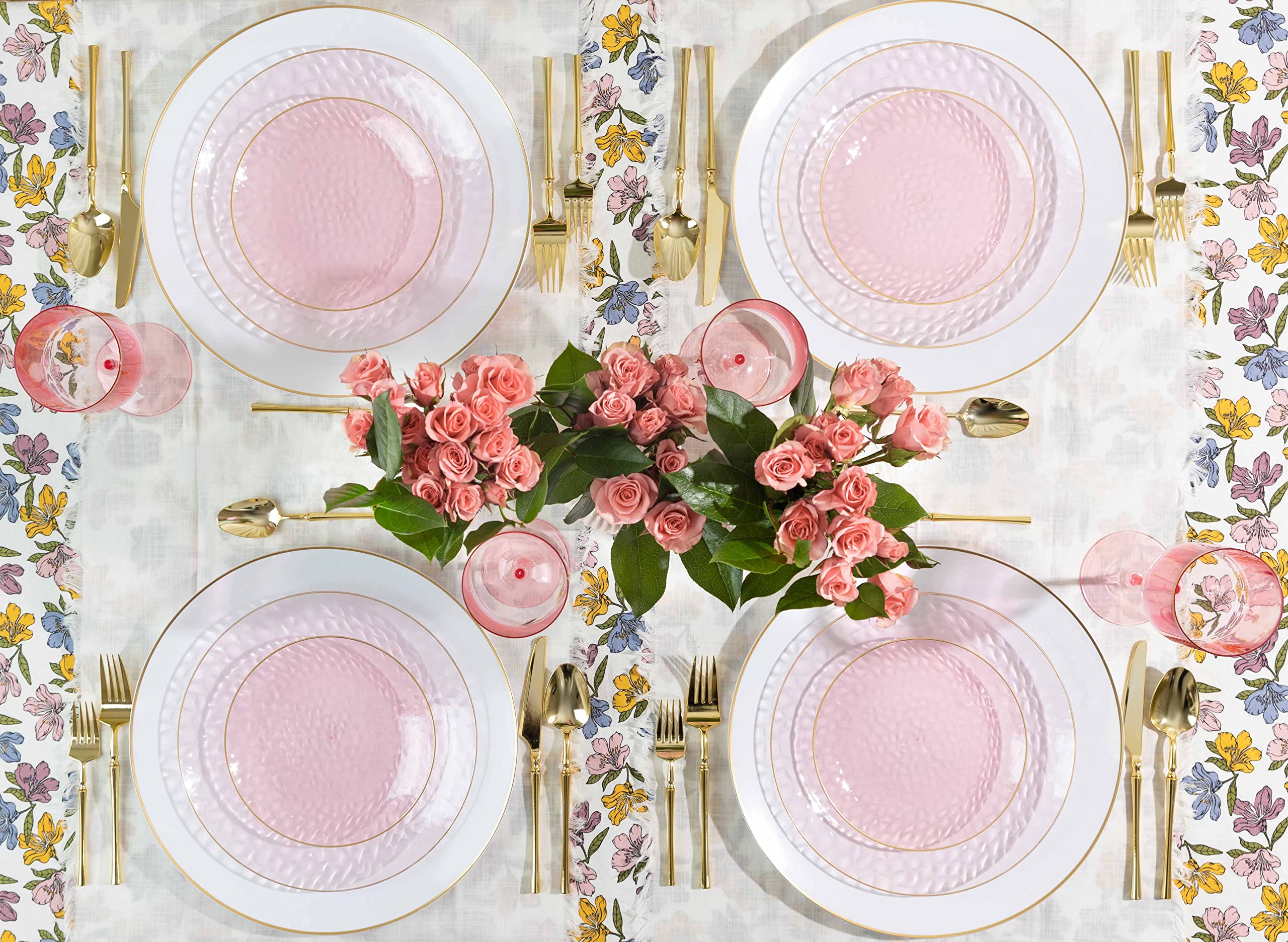 PLASTICPRO 32 Piece Combo Plates Set includes 16-7'' inch Plate & 16-10'' inch Plates Pink Hammered Plastic Party Plate Premium heavyweight Elegant, Disposable, Tableware, Dishes,