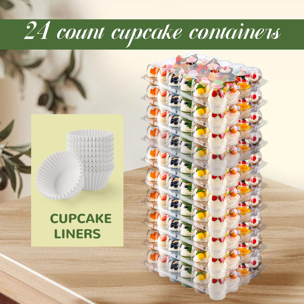 NPLUX 24 Count Cupcake Containers 10 Pack Cupcake Holders Plastic Stackable Cupcake Boxes with Detachable Tall Dome Lids and 240 Liners for 240 Cupcakes, BPA Free, Standard Size