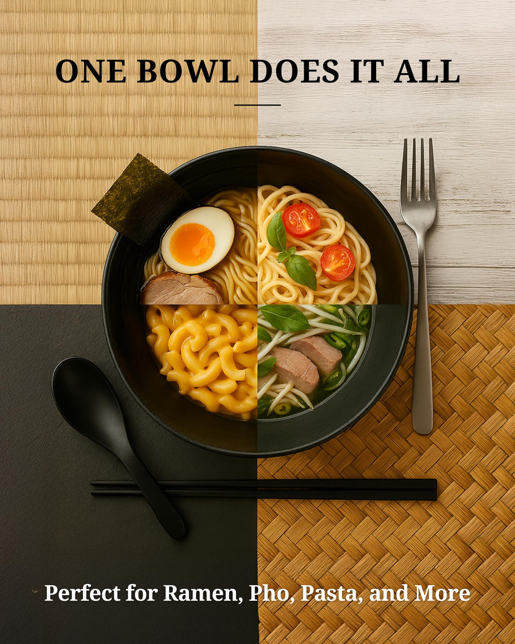 2 Sets 1700 milliliters Large Japanese Ramen Noodle Soup Bowl Dishware Ramen Bowls Set with Matching Spoon and Chopsticks for Udon Soba Pho Asian Noodles (2, Black, 23 Centimeters)