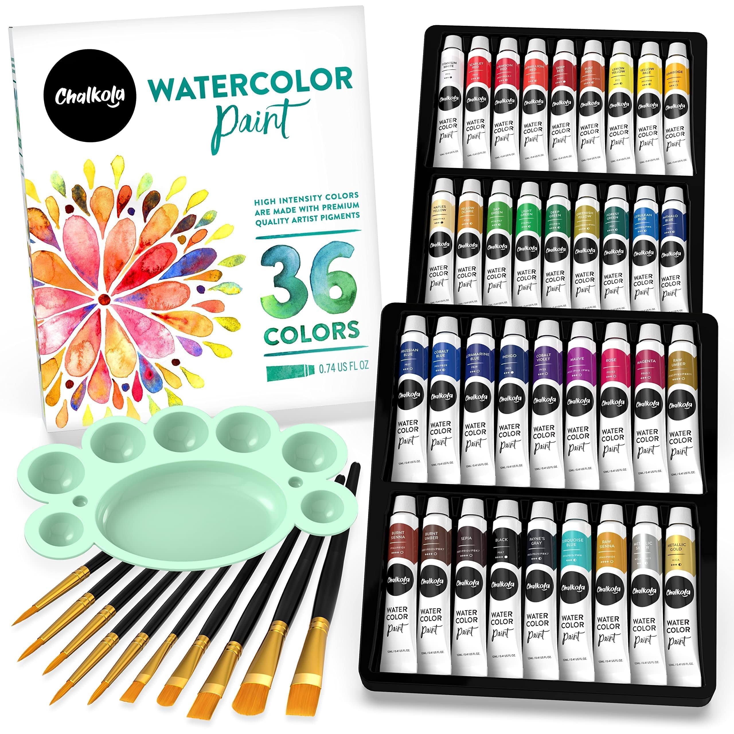 Chalkola Watercolor Paint Kit for Adults - 36 Watercolor Tubes (12ml, 0.4oz), 10 Painting Brushes & 1 Palette - Water Colour Paint Set for Beginners & Professional Artists | Watercolour Supplies