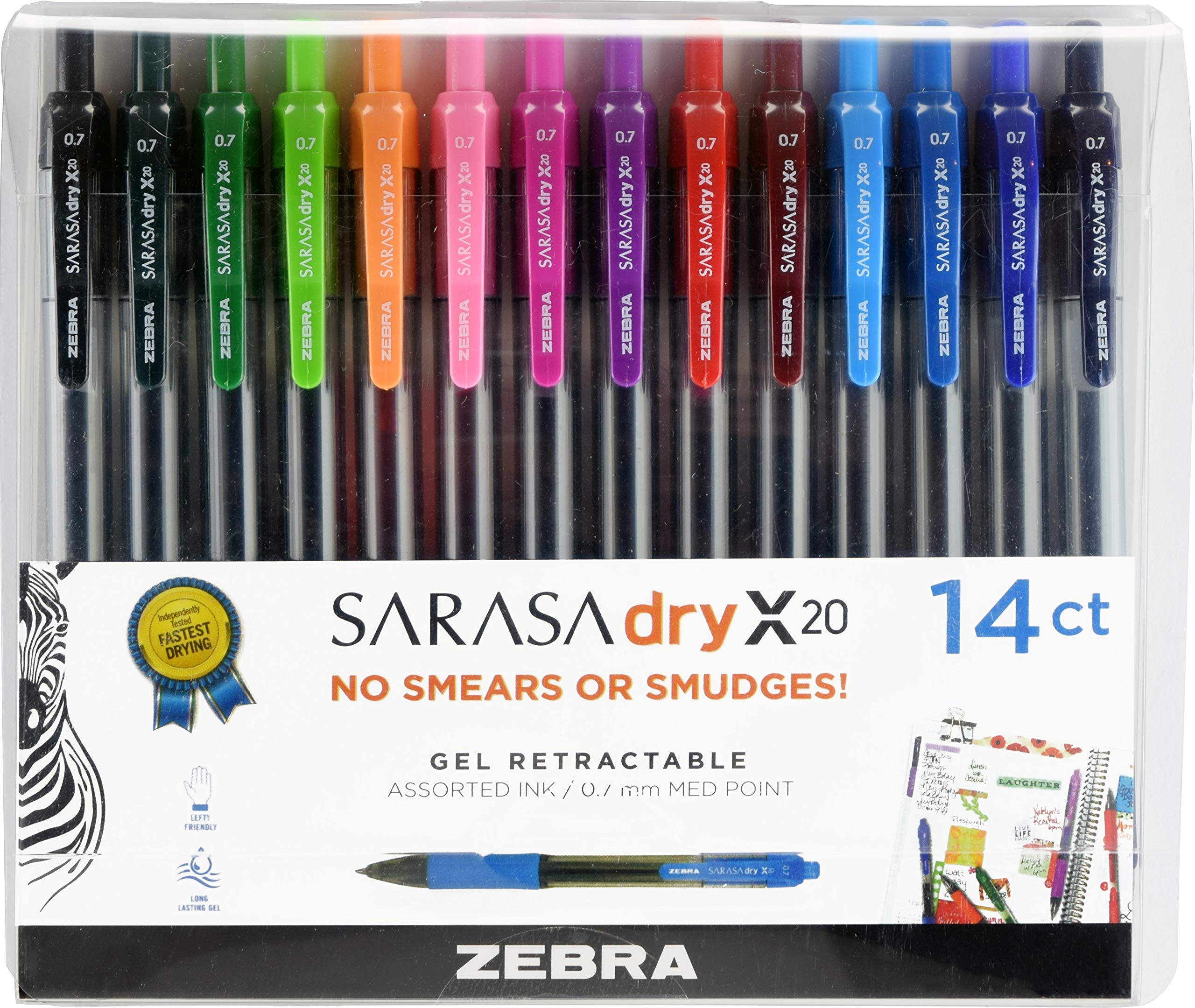 Zebra Pen SARASA Dry X20 Retractable Gel Pens, 0.7mm Medium Point, Assorted Ink Colours with Rapid Fast Dry Ink Technology, Ideal for the Left Handed, Elimates Smearing in Seconds, 14-Pack (46824)