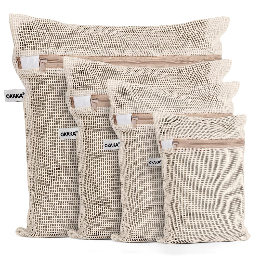 OKAKA 100% Cotton Mesh Laundry Bags, Premium Soft, No Dye, Set of 4, Natural