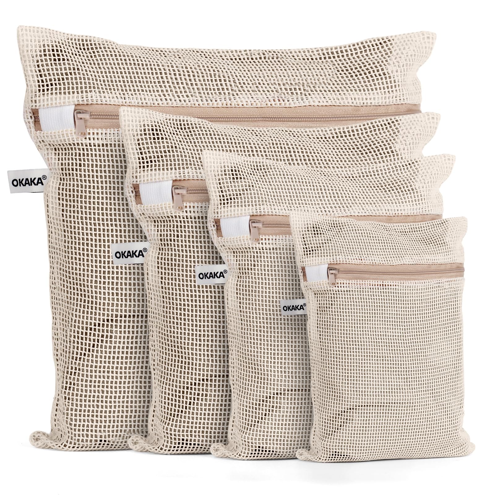 OKAKA 100% Cotton Mesh Laundry Bags, Premium Soft, No Dye, Set of 4, Natural