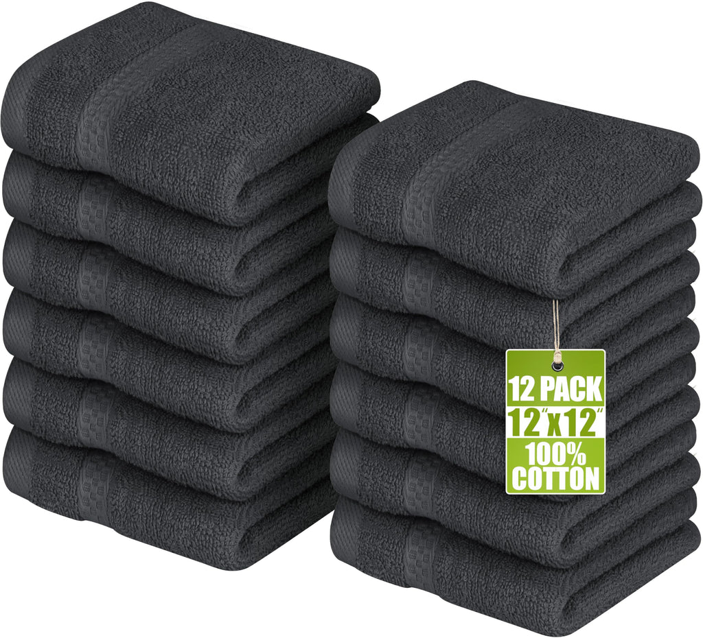 Utopia Towels Premium Washcloth Set, 12 by 12 Inches, 600 GSM 100% Cotton Face Cloths, Highly Absorbent and Soft Feel Fingertip Towels, 12 Pack, Grey