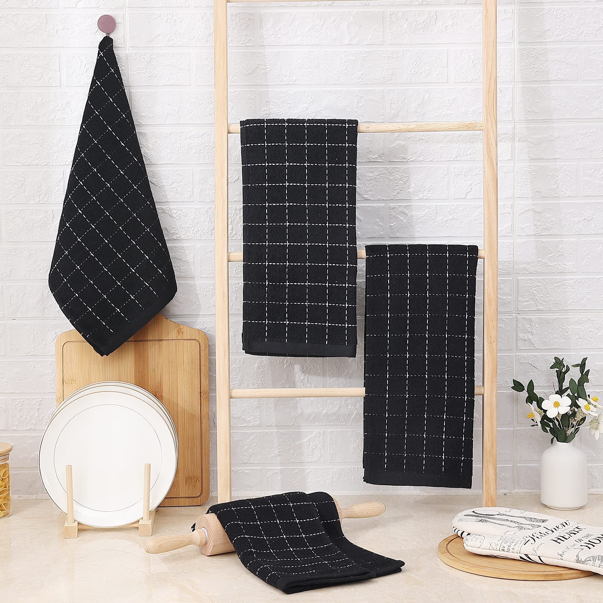 smiry 100% Cotton Terry Kitchen Towels, 4 Pack Ultra Soft and Absorbent Cleaning Dish Cloths, 13 x 28 inches Checkered Designed Non-fluffing Quick Drying Dish Towels and Tea Towels, Black