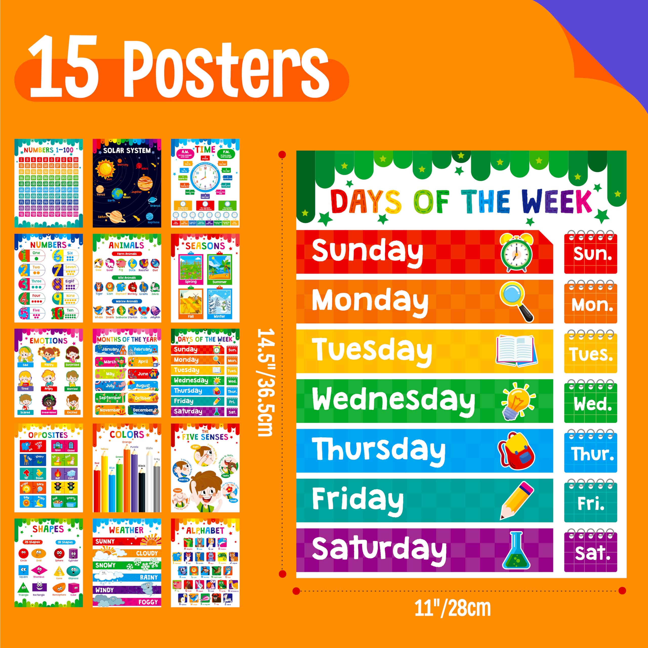 15 Packs Educational Poster, Thick Early Learning Posters Waterproof & Tear Proof with PET Film, Alphabet/Animals/Opposites/Emotions/Numbers Posters for Kindergarten Preschool Toddlers (14.5”x11”)