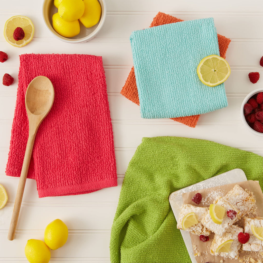 DII 100% Cotton, Machine Washable, Ultra Absorbent, Everyday Kitchen Basic, Utility, Bar Mop Dishtowel 16 x 19 Set of 4- Brights