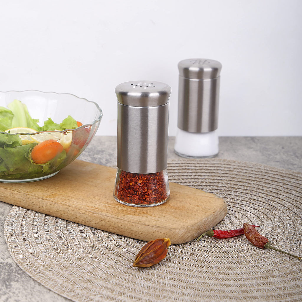 Gala Houseware 2 Pack Salt and Pepper Shakers, 4.6 oz Salt Shaker Spice Dispenser, Stainless Steel with Glass Bottoms, Refillable Design, Ideal for Kitchen, Dining Table, Camping, and BBQs