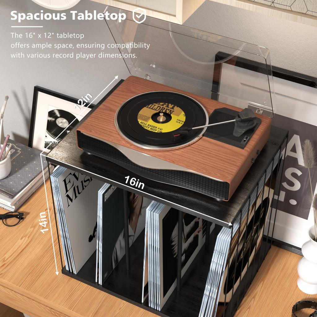 Emfogo Vinyl Record Storage, Metal & Wooden Vinyl Record Holder Up to 80 Album, 3-Compartment Record Player Stand for Magazine, Book, Files, Albums (Black)