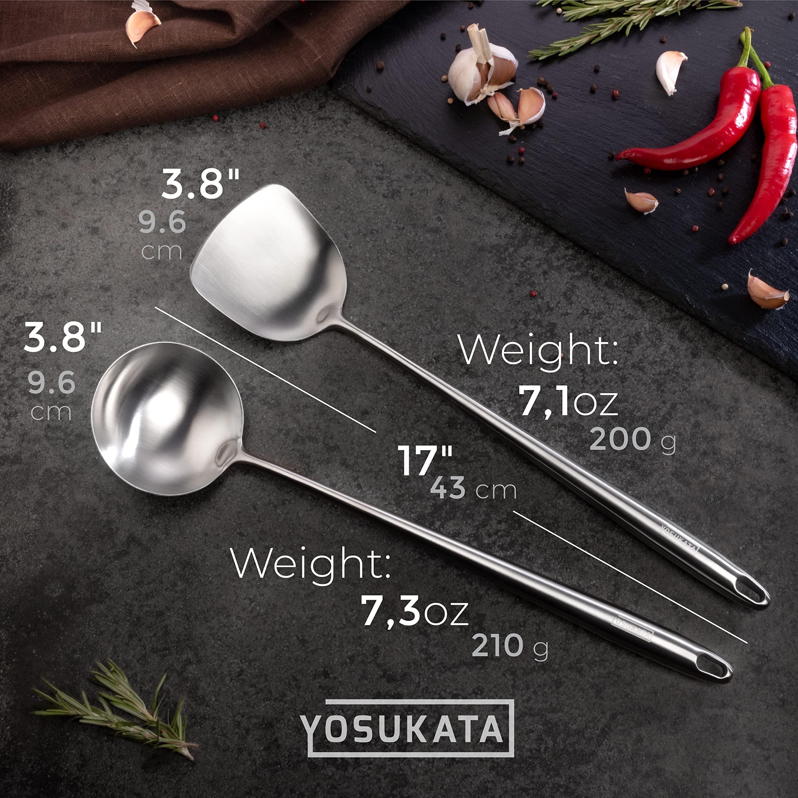 YOSUKATA 17’’ Wok Spatula and Ladle - Set of 2 Heat-Resistant Wok Tools - Universal Wok Ladle and Spatula - High-Grade Stainless Steel Cooking Utensils and Wok Accessories - Solid Wok Utensils