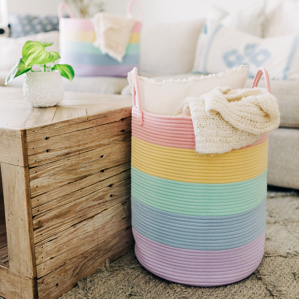 OrganiHaus Tall Rainbow Basket with Handles, Woven Cotton Rope Laundry Basket, Rope Baskets for Dirty Clothes,Towels and Blankets, Large Decorative Storage Bin for Bedroom - 38x45cm