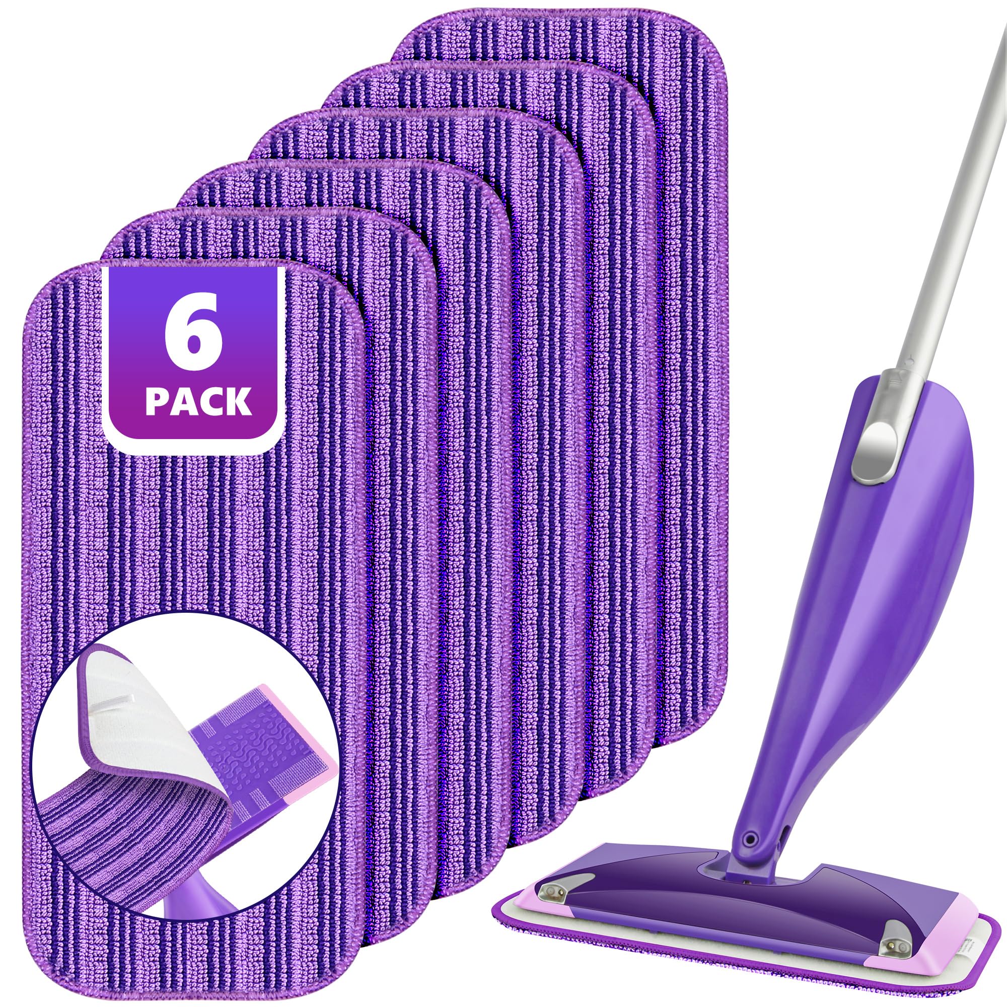 Reusable Mop Pads Compatible with Swiffer Wet Jet, Wet Jet Pads Refills for Swiffer Mop, Microfiber Replacement Pads for Hardwood Floor Cleaning, Dry Wet Mopping Cloths for 12" Wet Jet Refill, 6 Pack