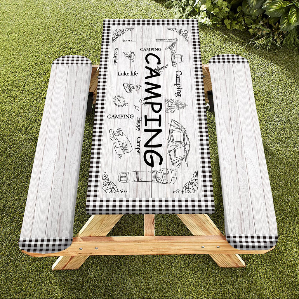 Caknowow Picnic Table Cover Fitted with Bench Covers Camping Tablecloth Waterproof Picnic Table Covers with Elastic Reusable Fabric Camping Table Cover for 6 Foot Picnic Tables