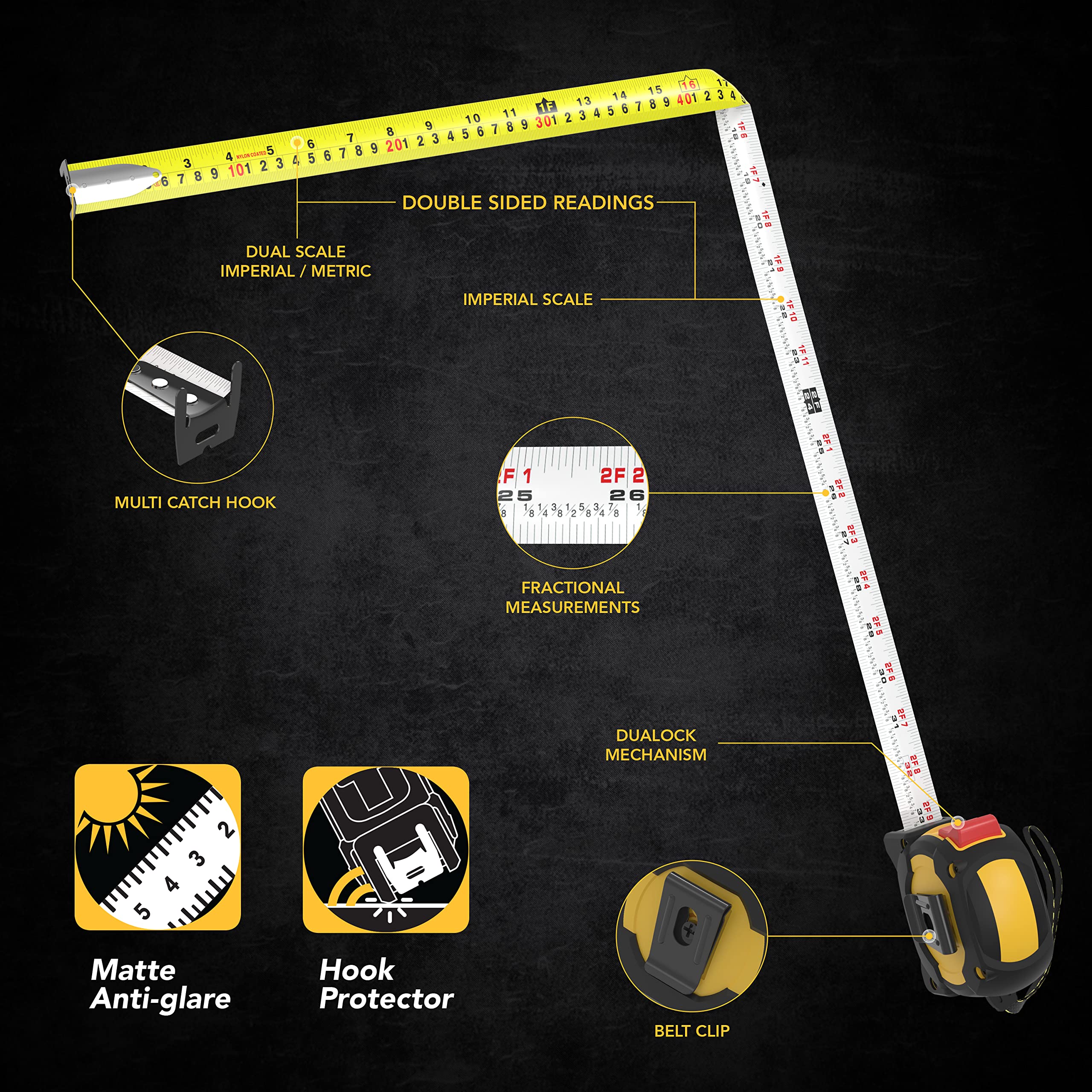 LEXIVON [3-Pack] 10Ft/3m DuaLock Tape Measure | 3/4-Inch Wide Blade with Nylon Coating, Matte Finish White & Yellow Dual Sided Rule Print | Ft/Inch/Fractions/Metric (LX-203)