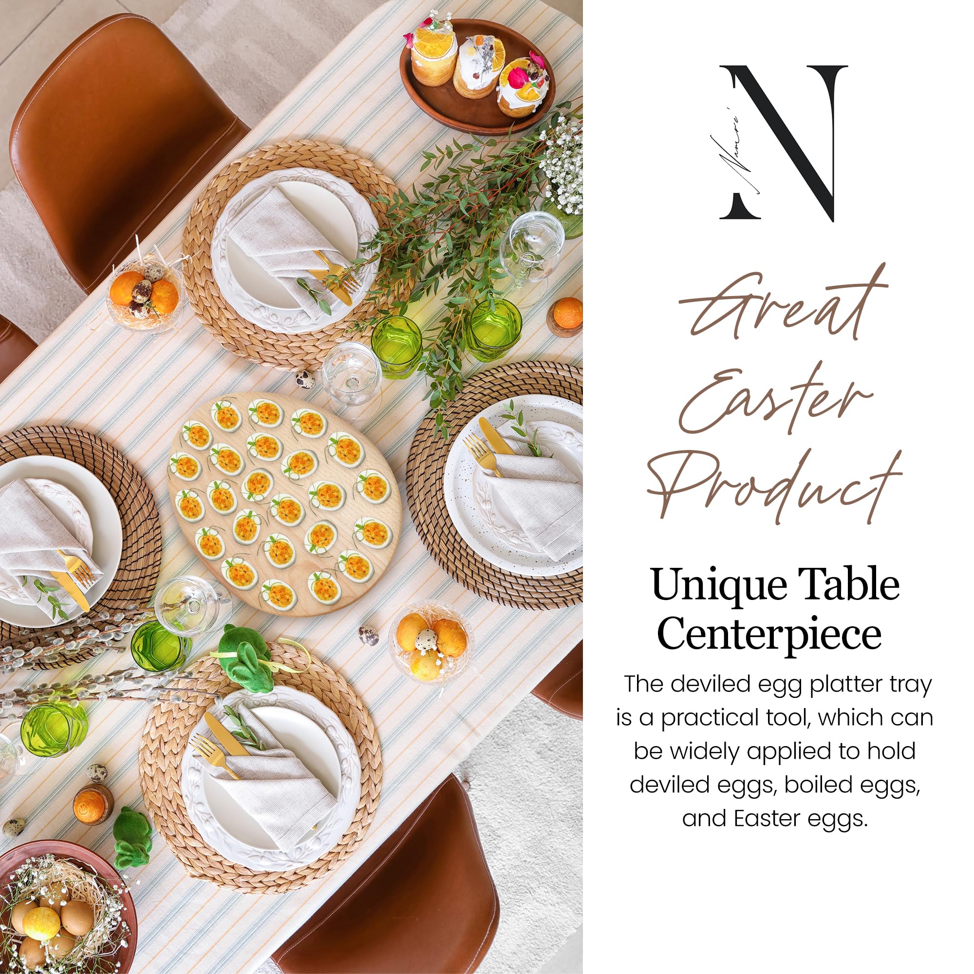 Namre' Wooden Deviled Egg Tray 24 Holes, 15 x 12in - Reversible Deviled Egg Platter & Charcuterie Board - Premium Quality Beechwood Deviled Egg Holder Ideal for Easter - Cutting Board Serving Tray