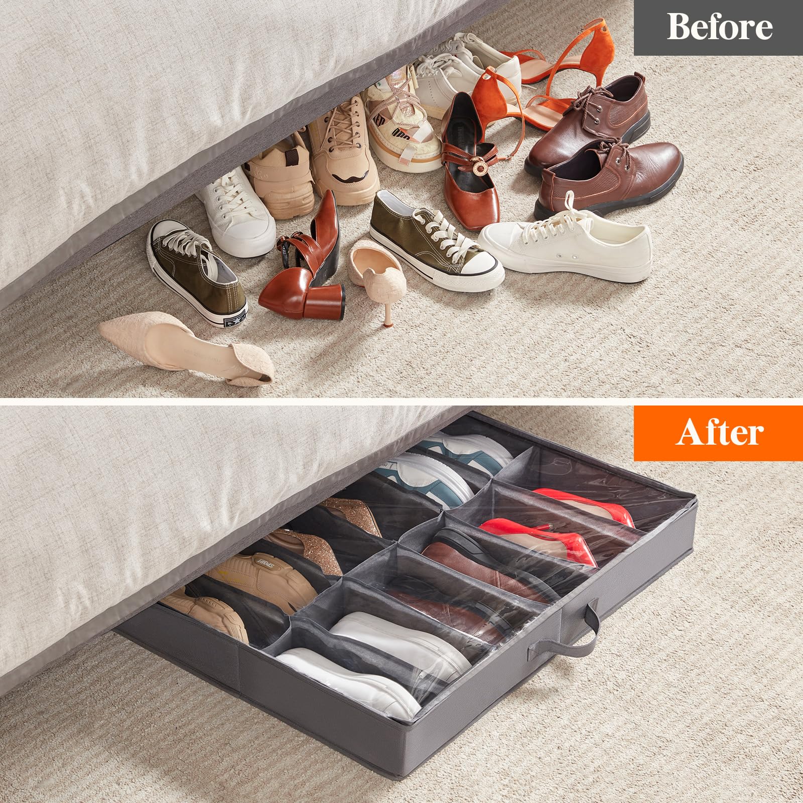 Lifewit Under Bed Shoe Storage Organizer for Closet, Underbed Storage Container Box with Clear Cover See Through Window Fabric Storage Bins with 2 Handles Total Fits 24 Pairs of Shoes, 2 Pack, Grey